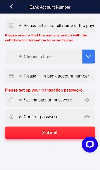 Step 3: Please provide your bank account details and create a transaction password
